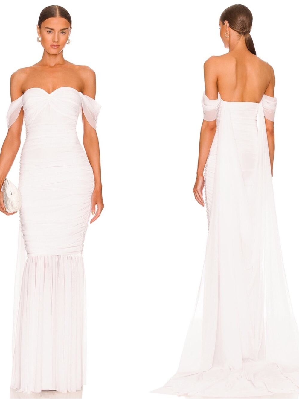 NORMA KAMALI Walter Fishtail Ruched Off the Shoulder With Train Maxi Dress Sz XL